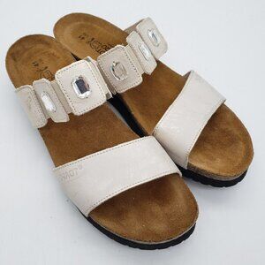 NAOT Ashley Women's Shimmery White Leather Rhinestone Cork Slide Sandals US 10